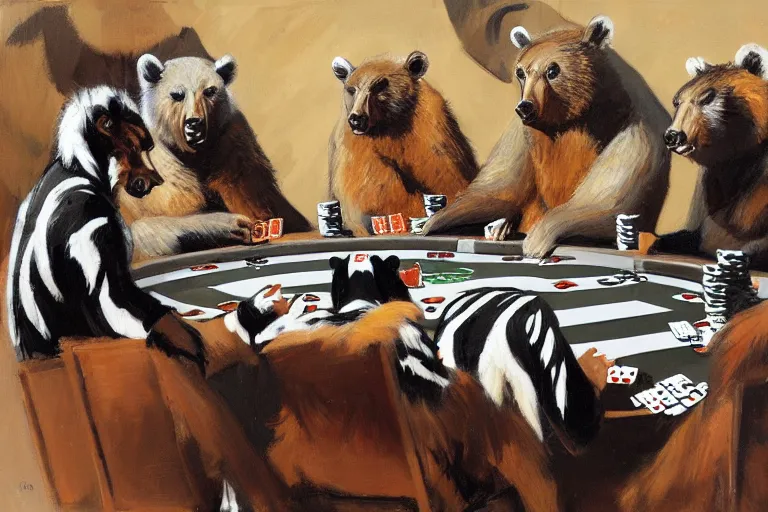 Prompt: animals playing poker, zebra, bear, playing poker, highly detailed beautiful, by gregory manchess, james gurney, james jean