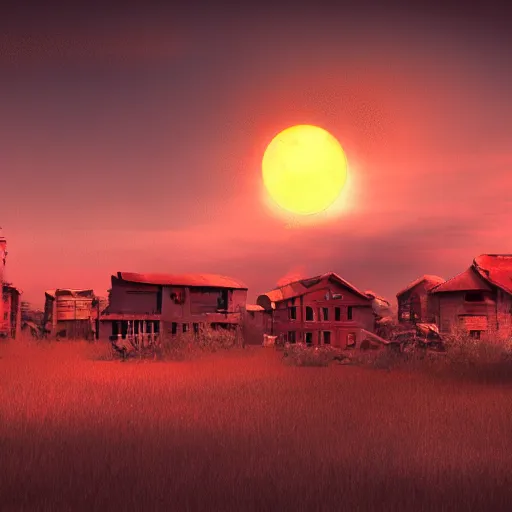 Prompt: photo of abandoned town, red sky, glowing red sun, concept art