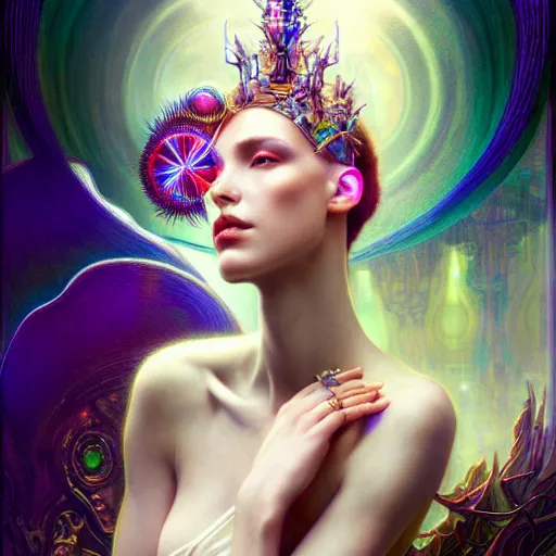 Image similar to extremely psychedelic beautiful cyborg queen of lsd infected by night. intricate, elegant, highly detailed, extremely lifelike photorealistic digital painting, artstation. steichen, gaston bussiere, tom bagshaw, cyberpunk alphonse mucha. elegant minimalism. anatomically correct. sultry. sharp focus. white. surreal lush hallucination