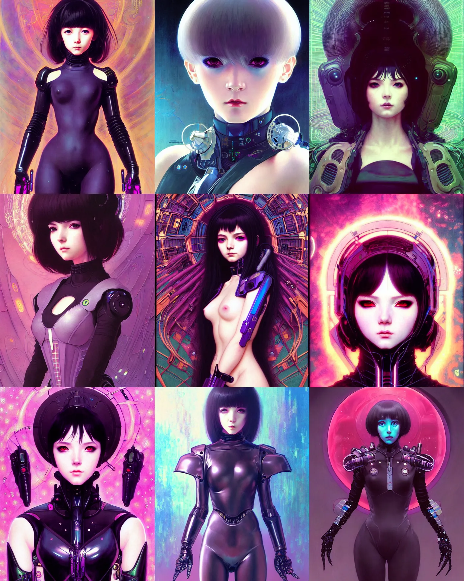 Prompt: portrait of beautiful!! cute cyberpunk magician girl in futuristic armor, high details, art by ( ( ( kuvshinov ilya ) ) ) and wayne barlowe and gustav klimt and artgerm and wlop and william - adolphe bouguereau