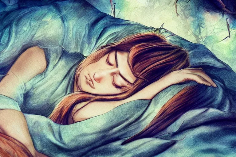 Image similar to quenn sleep, fantasy, pen painting, ultra realistic!!!, hdr, clear weather, golden hour, sharp focus