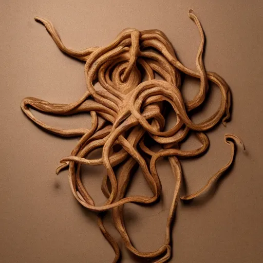 Image similar to tentacles made of brown corrugated cardboard, cut out of cardboard, realistic photography, fantasy