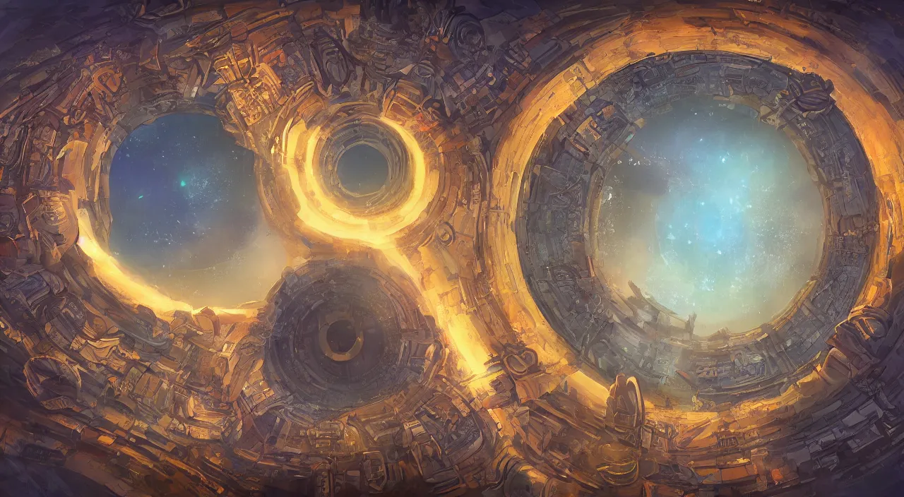 Image similar to beautiful digital painting of sigil, the city of doors, located atop the spire in the outlands. it has the shape of a torus, and the city itself is located on the inner surface of the ring. there is no sky, simply an all - pervasive light that waxes and wanes to create day and night.