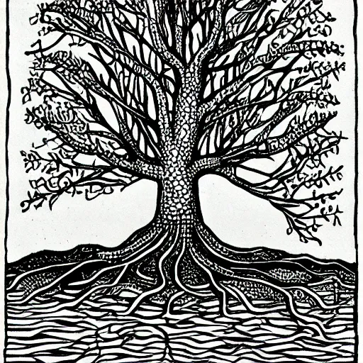 Image similar to a drawing of a tree with its roots in the water, an illustration of by alasdair gray, complex reflections, featured on deviantart, ecological art, photoillustration, fractalism, storybook illustration