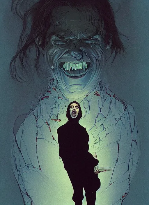 Image similar to poster artwork by Michael Whelan and Tomer Hanuka, Karol Bak of Tom Cruise screaming due to his mind expanding too much, from scene from Twin Peaks, clean, simple illustration, nostalgic, domestic, full of details