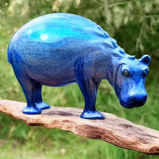 Prompt: hippopotamus, wood art, blue!!!! epoxy resin, sculpture, wood carving, wood sculpture, wood art, wooden decoration, hand made, wooden hippo