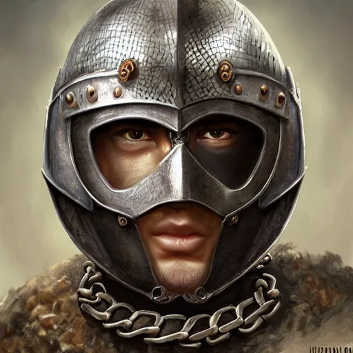 Prompt: realistic portrait, 30 year old man :: athletic, rough, angered :: short black hair :: medieval metal helmet open visir, chain mail :: high detail, digital art, RPG, concept art, illustration