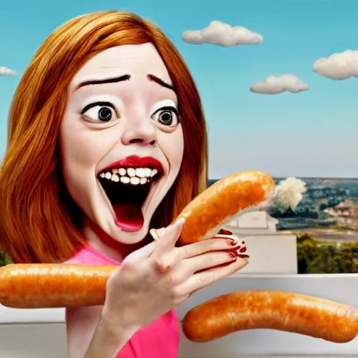 Prompt: hyperrealistic emma stone caricature surrounded by long fat frankfurter sausages by bob byerley and aardman animation, mascot, target reticles