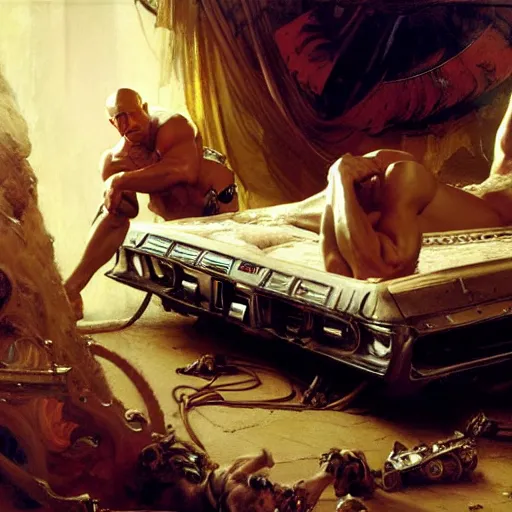 Prompt: vin diesel is in his bed, nervous and terrified, because a paul walker from hell is attacking him. highly detailed painting by gaston bussiere, j. c. leyendecker, greg rutkowski, craig mullins 8 k