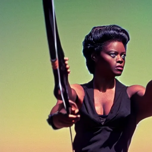 Prompt: the image is a lost hollywood film still 1 9 9 0 s photograph of a black woman with dark brown skin, long, swirling black hair, and jade colored eyes, practicing archery with loki. vibrant cinematography, anamorphic lenses, crisp, detailed image in 4 k resolution.