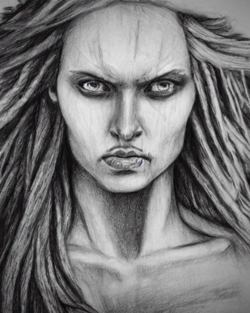 Prompt: A beautiful woman warrior, faded background of a pirate ship at a deserted island, realism pencil drawing on white paper, bald lines