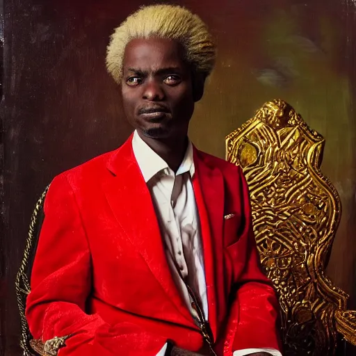 Image similar to african geert wilders wearing a silk shirt and many gold rings and necklaces, sitting in a red plush throne and smoking a cigar, 8 k, hdr, great light, gustave courbet, annie leibowitz