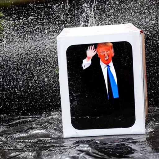 Prompt: donald trump locked in a plastic box drowning.