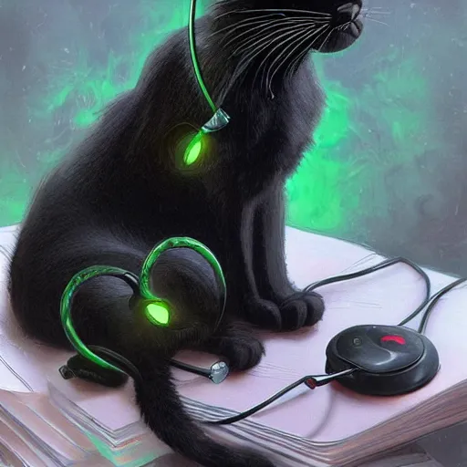 Image similar to black cat with green eyes and a headset sitting infront of a PC screen with a bright background, D&D, fantasy, intricate, elegant, highly detailed, digital painting, artstation, concept art, smooth, sharp focus, illustration, art by artgerm and greg rutkowski and alphonse mucha