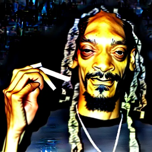 Image similar to Snoop Dog with big eyes eye color red , smiling and holding a joint in his hand