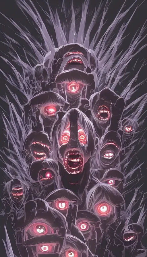 Image similar to a storm vortex made of many demonic eyes and teeth, by ilya kuvshinov