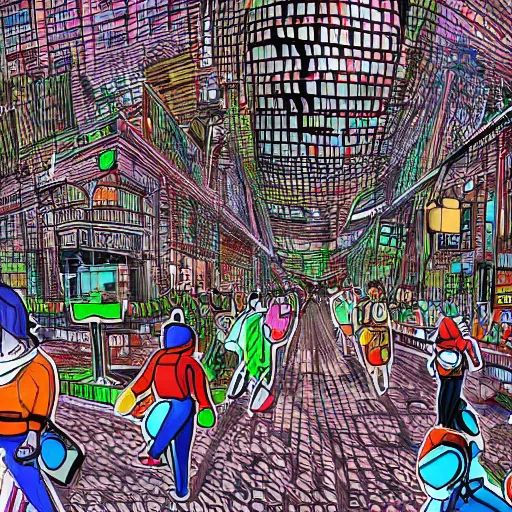 Image similar to landscape of people running away scared from crypto logos standing in the city, digital drawing, hyper - detailed, hdr, 8 k