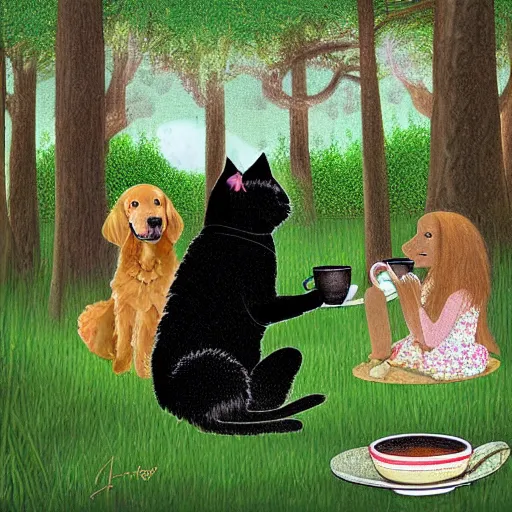 Image similar to digital art painting, golden retriever and a black kitty having a tea party in the forest