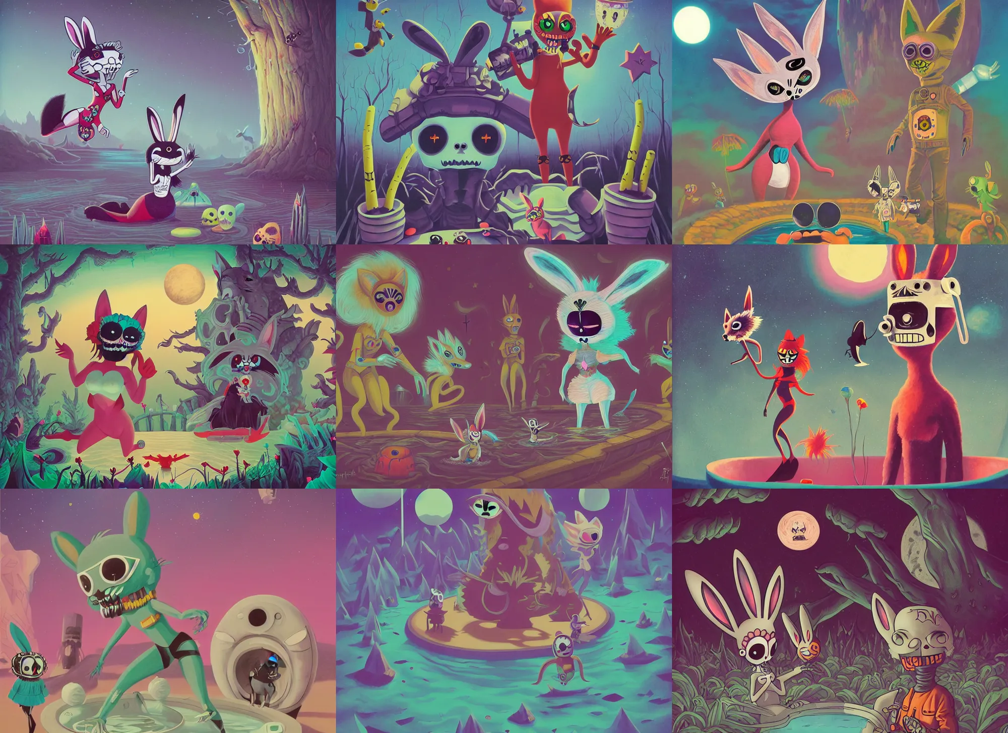 Prompt: matte sharp painting, an evil alien astronaut, stalker, a cute fluffy dia de los muertos female bunny, her friend the cunning coyote, gleefully dance in a pool of water, juxtapoz, artforum, storybook, gary baseman, preston blair, tex avery, dan mumford, pedro correa