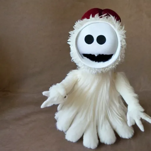 Image similar to a home made halloween ghost muppet plush, sesame street, photograph, realistic, photorealistic