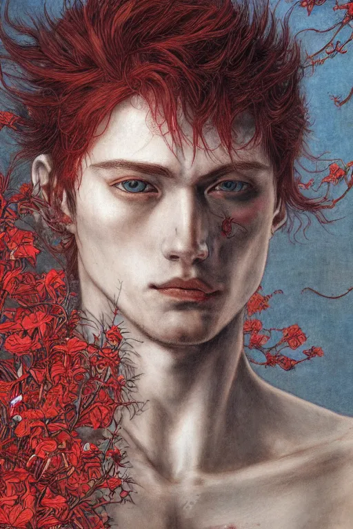 Image similar to portrait of beautiful young man, warhammer, japanic style, cyberpunk, a lot of scars, more and more flowers, red head, the middle ages, highly detailed, artstation, illustration, art by jean delville, 8 k quality