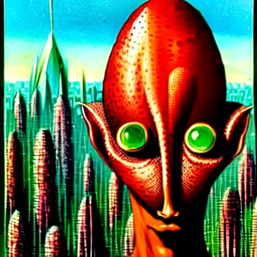 Image similar to A beautiful illustration of a strange, red alien creature looming over a green cityscape. The alien has several eyes and one mouth and its body is covered in scales. It seems to be coming towards the viewer, who is looking up at it in fear. By Max Ernst and Maciej Rebisz