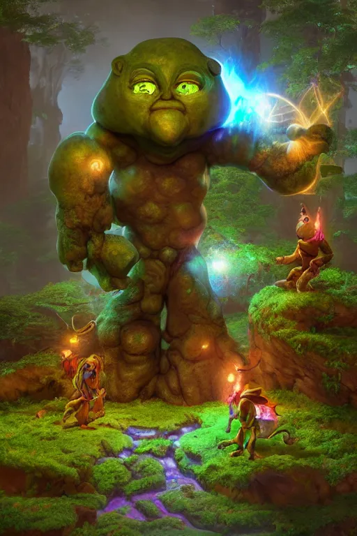 Image similar to arcane fantasy art giant golem elemental wood rock bastion forged gemstone enchanted forest troll, global illumination ray tracing hdr fanart arstation by sung choi and eric pfeiffer and gabriel garza and casper konefal lisa frank zbrush central hardmesh radiating a glowing aura