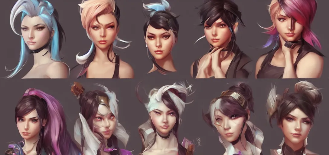 Prompt: concept art of female video game characters head designs, unique hairstyles, overwatch by marc brunet and artgerm