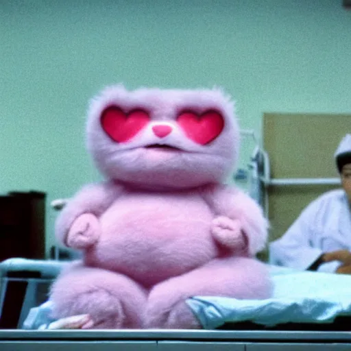 Prompt: wide cinematic shot of a giant obese furby lying in a hospital bed getting open - heart surgery in an operating room in a dank north korean hospital, surrounded by two surgeons directed by david lynch, vhs copy film grain 3 5 mm
