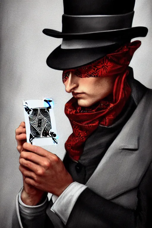 Prompt: modern street magician holding a playing card, realistic, modern, magicians eyes are covered with hankerchief, intricate, elegant, highly detailed, digital painting, artstation, concept art, addiction, smooth, sharp focus, illustration, art by ilja repin