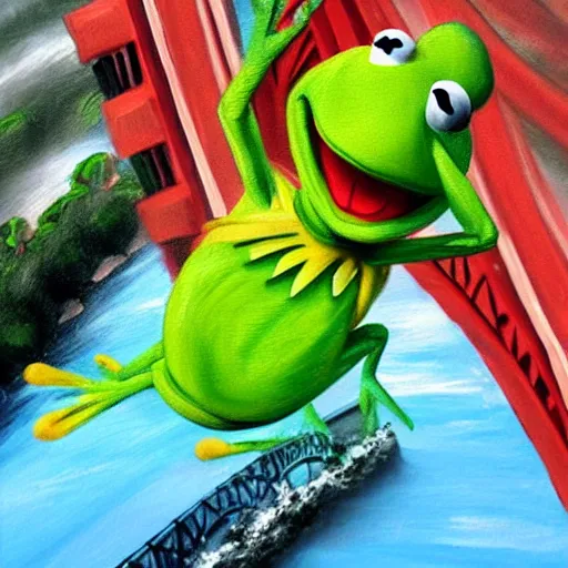 Image similar to “Painting of Kermit the Frog doing a cannonball off of the Golden Gate Bridge, by Bob Ross”