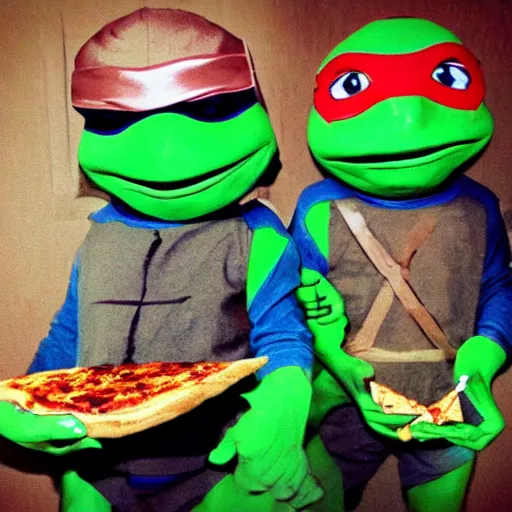 Prompt: ninja turtle eating pizza