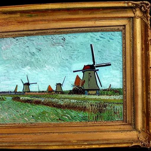 Image similar to the dutch landscape with traditional windmills standing next to a lake, lots of bicycles and a man drinken beer by Vincent van Gogh,