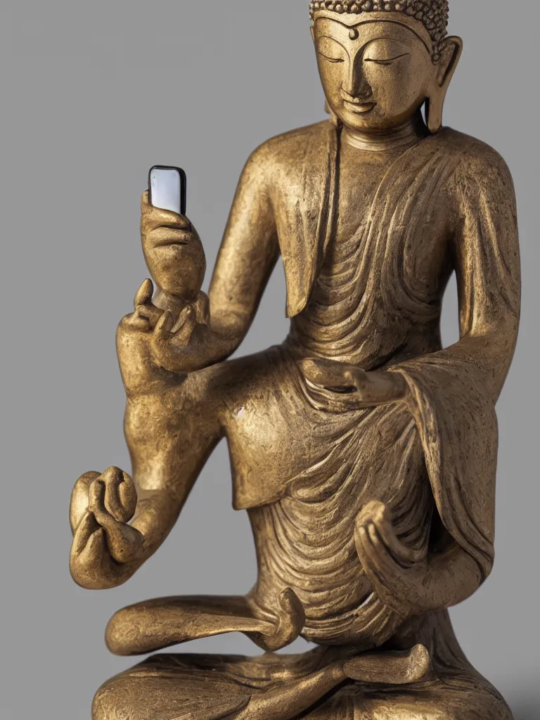 Prompt: beautiful sculpture of meditating buddha holding a smartphone, in a gallery setting. professional studio photo, full object in middle, soft lighting, centered, 1 5 0 mm lens, high definition