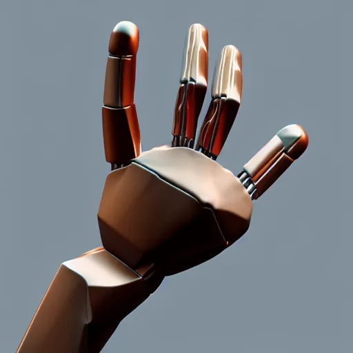 Prompt: realistic human robotic hand, dystopian, a low poly render by gabriel dawe, surrealism, trending on polycount, generative art, low poly, rendered in cinema 4 d, terragen