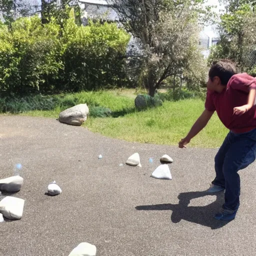 Prompt: angry guy throwing rocks at children