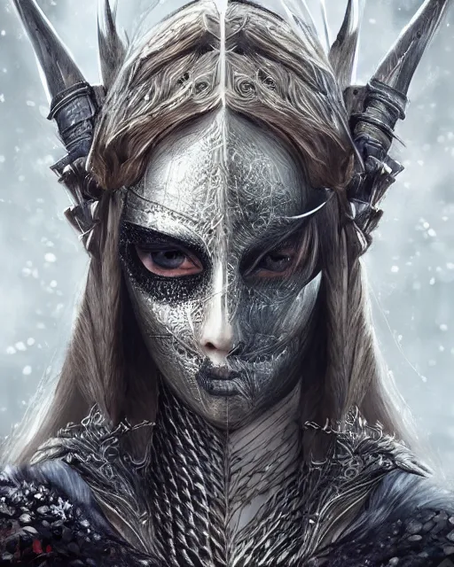 Image similar to highly detailed sharp photorealistic portrait of a beautiful female hunter with shimmering hair, symmetrical face and eyes, dressed in intricate silver, cgsociety, Elden Ring, Dark Souls, Bloodborne