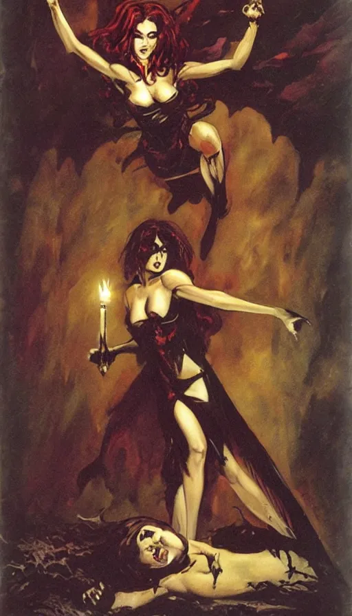 Image similar to carmilla vampire, gothic horror, by frank frazetta, candlelit catacombs, in the style of pulp magazine