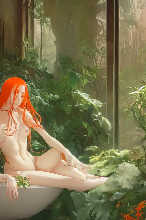 Image similar to a girl with long white hair lying in a bathroom bath at afternoon, plants, green and orange theme by krenz cushart and mucha and makoto shinkai and akihito yoshida and greg rutkowski, 4 k resolution