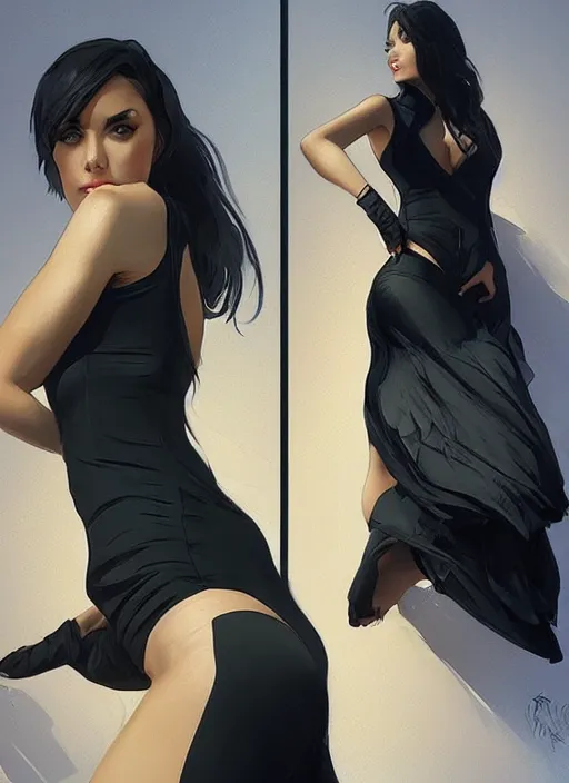 Image similar to gorgeous michi wearing a black tight dress, nice body figure, digital painting, artstation, concept art, sharp focus, illustration, art by artgerm and greg rutkowski and alphonse mucha