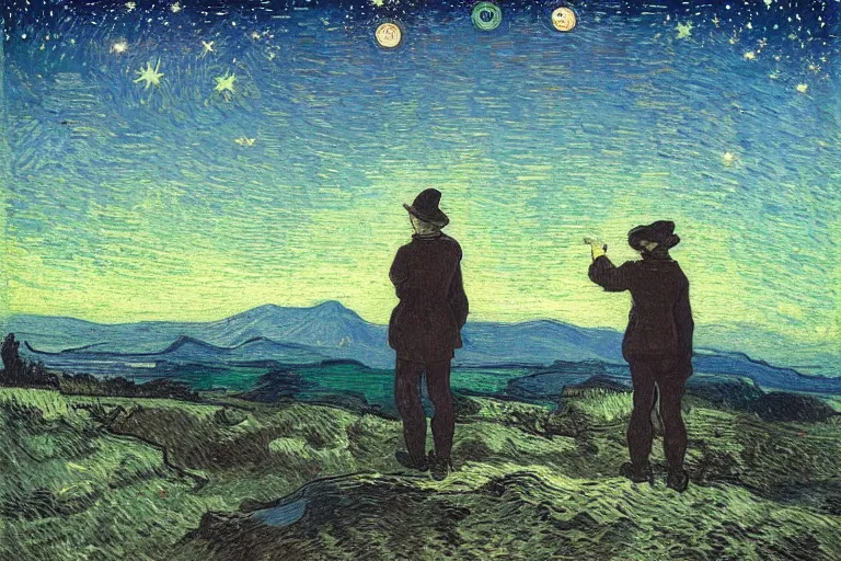 Prompt: a person looking at the night sky with clouds and stars, colorful, beautiful, national geographic, very detailed, astrophotography, cinematic lighting, oil painting, canvas, Theodor Kittelsen, Vincent van Gogh