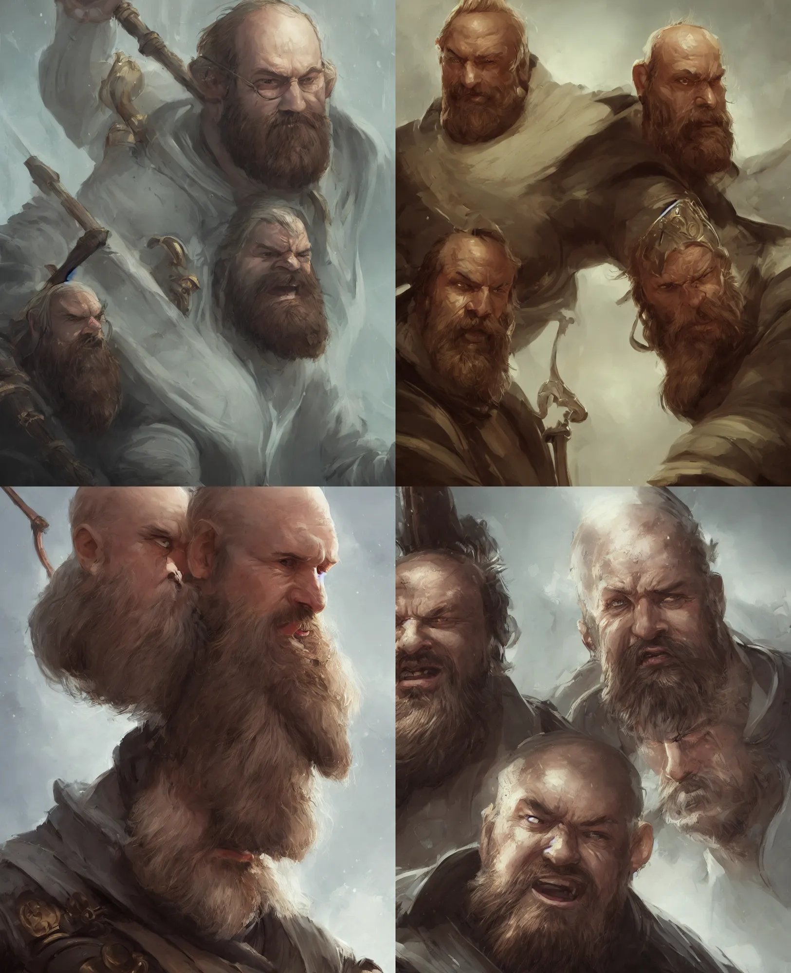 Prompt: A handsome portrait painting of middle aged cleric with a receding hairline and a ginger beard holding a staff, kind eyes, character art, concept art, character design, happy, cinematic, hyper detailed, matte painting, portrait, attractive face, Bayard Wu, Greg Rutkowski, Cedric Peyravernay, Anato Finnstark, artstation, 8k