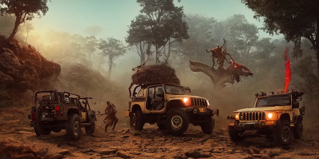 Prompt: Mahindra thar, tribe members attacking, action scene, an epic fantasy, dramatic lighting, cinematic, establishing shot, extremely high detail, photorealistic, cinematic lighting, artstation, octane render, by simon stalenhag, shadow of the tomb rider