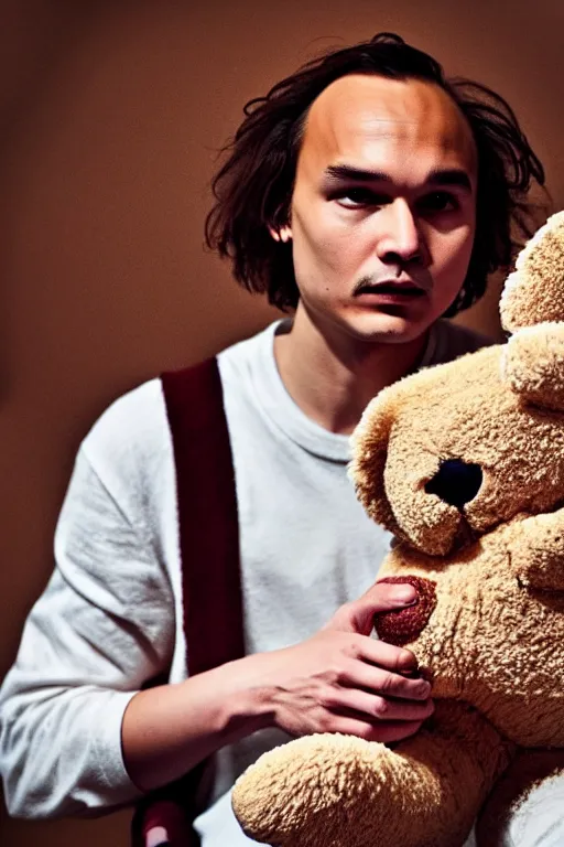 Image similar to frank dillane wearing pajamas with feet and holding a teddy bear, sleepy, adorable, cute, intricate, detailed, trending on artstation, coherent