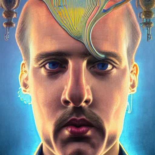 Prompt: realistic extremely detailed portrait painting of an average man ,augmented brass decor, retro futuristic ,water mist, by beeple,Jean Delville, Amano, Yves Tanguy, Alphonse Mucha, Ernst Haeckel, Edward Robert Hughes, Roger Dean, rich moody colors, blue eyes,octane render,4k,f32