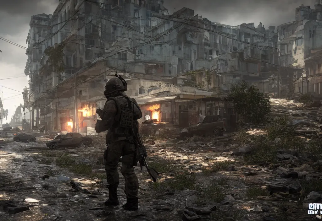 Prompt: still next - gen ps 5 game call of duty warzone 2 0 2 4 remaster, graphics mods, rain, mexican abandoned city, rtx reflections, abandoned buildings, photorealistic screenshot, extremely detailed, ak - 4 7, unreal engine, 4 k, 5 0 mm bokeh, close - up hammer h 1, call of duty remastered, artstation