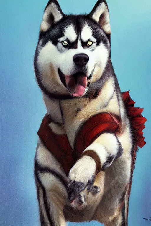 Image similar to a portrait painting of a husky in cowboy costume, character design, anime, humanoid, personify, anthropomorphic