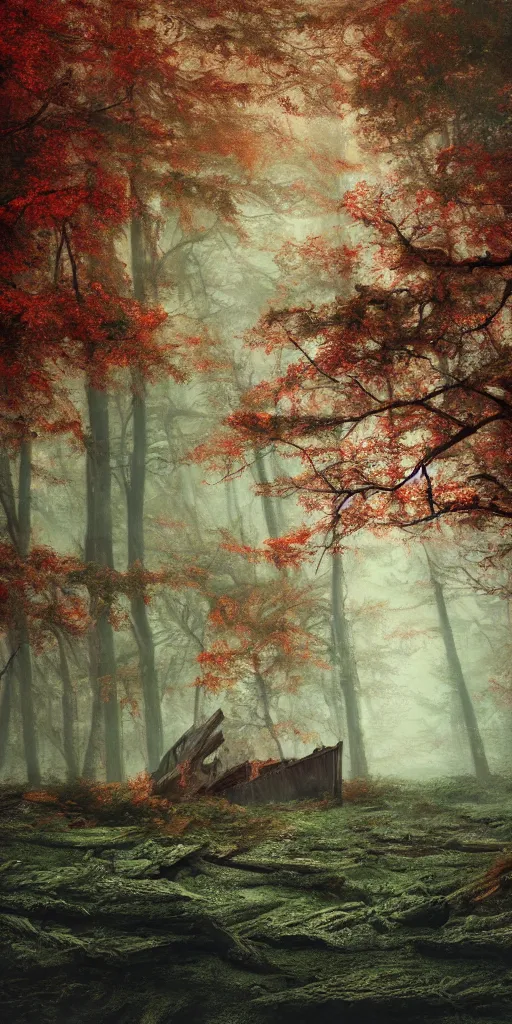 Image similar to an old big shipwreck in an autumn forest, green and red tones, by Aron Wiesenfeld and beksincki, cinematic, detailed illustration, nature, fog, dark colors, suspense, intricate, 8k