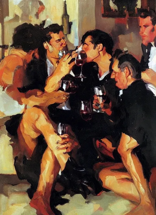 Image similar to glam rocker drinking brutal and raw wine with his friends by joaquin sorolla, phil hale, greek style