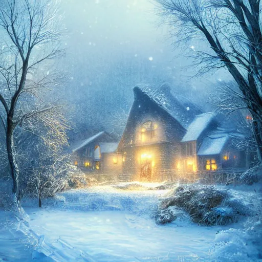 Image similar to snowy landscape with santa's house in night forest, warm light coming from the window and reflects on the snow. digital art, artstation, high details, trending, behance, by wlop, luis royo, artgerm